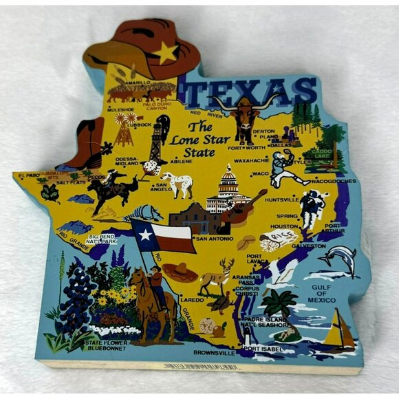 The Cats Meow Texas State Map Wooden Decor 2002 Shelf Sitter - Picture 1 of 7